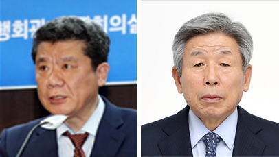 왼쪽부터 강영식 남북교류협력지원협회장, 유인태 전 국회사무총장