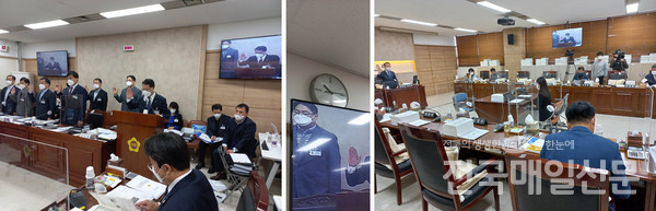 왼쪽부터 증인선서를 하고 있는 김기세 경기도의회 사무처장, 10시 15분 현재 텅빈 감사위윈석.