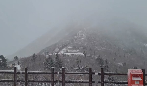 강원 중부 산지에 대설주의보가 내려진 12일 오후 설악산국립공원 중청대피소에 눈이 쌓였다. [설악산국립공원사무소 제공] 