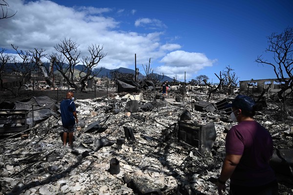 미국 하와이주 마우이섬 라하이나 주민들이 11일(현지시간) 대형 산불로 잿더미가 된 집을 살피고 있다. [美하와이주 AFP=연합뉴스]