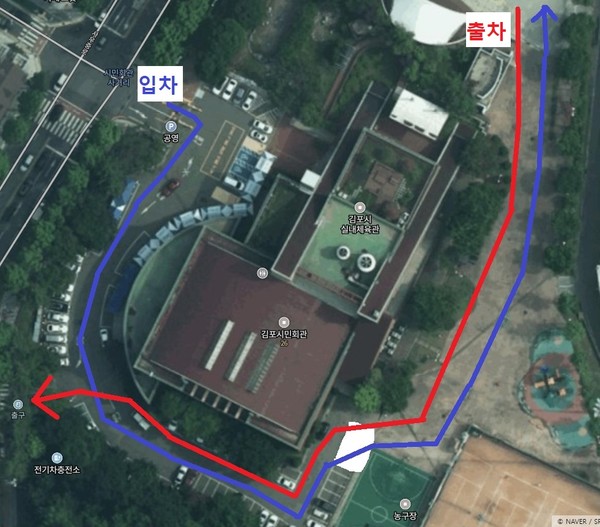 경기 김포시는 전날 사우문화체육광장을 임시주차장으로 개방했다. 출입 노선도. [김포시 제공]