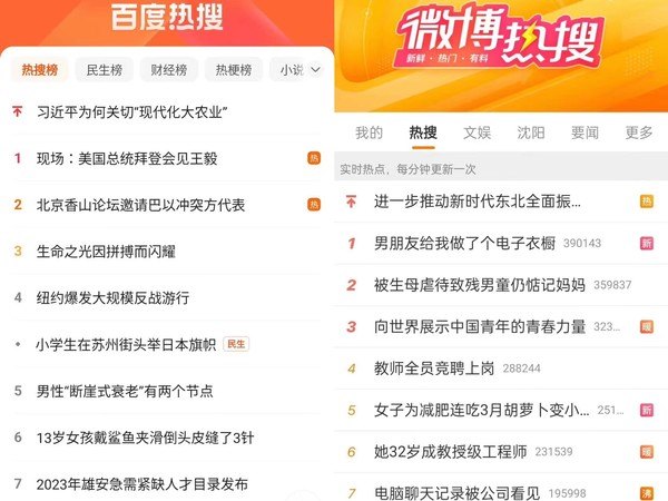 바이두(왼쪽)와 웨이보 실시간 검색어에서 사라진 '리커창 사망' 해시태그. [바이두와 웨이보 실시간 검색어 캡처]