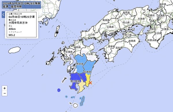 8일 일본 규슈 남부 지진 발생 지점. [일본 기상청 홈페이지 캡처]