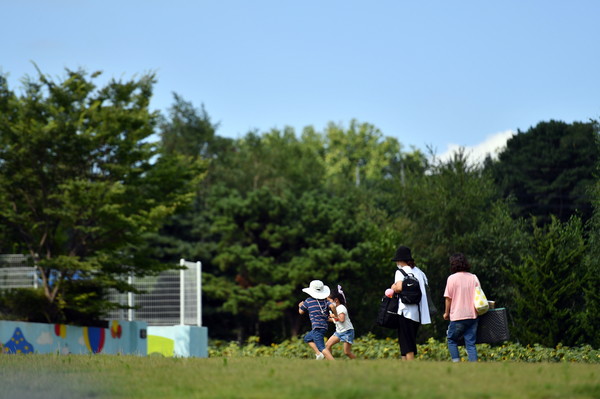 지난해 7월 수원시 탑동 시민농장을 찾은 시민과 아이들이 잔디밭에서 뛰어놀고 있다. [수원시 제공]